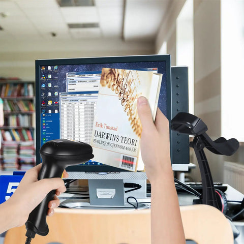 Plug And Play USB Barcode Scanner Laser Wired Handheld With Stand For Windows Mac Linux POS Systems in use for book scanning