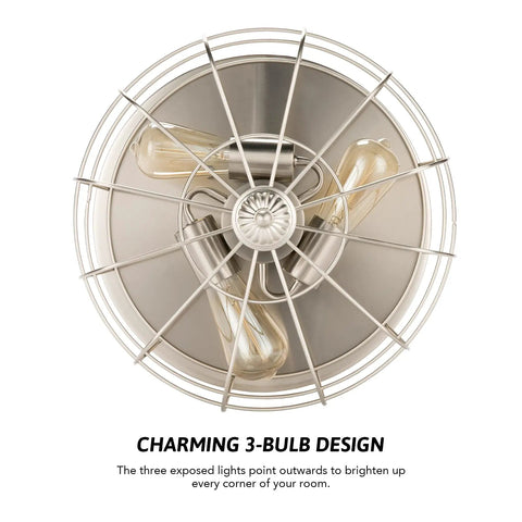 Industrial Three Light Metal Cage Flush Mount Ceiling Light in Brushed Nickel, overhead view showing 3-bulb design and cage detail.