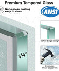 Close-up of 1/4 inch tempered glass with nano-clean coating and safety edge, highlighting features of Double Sliding Shower Door In Brushed Nickel Finish For 56 To 60 Inch Openings.