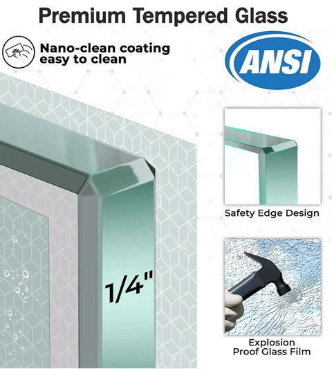 Close-up of 1/4 inch tempered glass with nano-clean coating and safety edge, highlighting features of Double Sliding Shower Door In Brushed Nickel Finish For 56 To 60 Inch Openings.