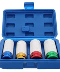 Premium Drive Wheel Protector Impact Socket Set With Color Coded Thin Wall Deep Sockets For Tire Maintenance And Lug Nut Removal To Safeguard Your Car Rim From Scratches During Heavy Duty Auto Work, blue case with 4 color-coded impact sockets