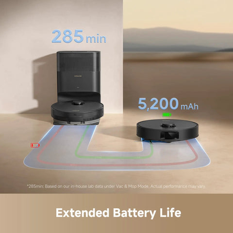 D20 Plus Robot Vacuum And Mop With 13000 Pa Suction Self Emptying 5L Dust Bag DuoBrush For Pet Hair LDS Mapping App And Voice Control Great For Hard Floors And Carpets No More Mess displaying extended battery life