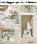 L Shaped Under Sink Organizer Featuring Smooth Operator Glides And Pipe Friendly Layout That Fits Snug In Tight Corners While Boosting Storage Capacity Straight Up with various cleaners in bath, kitchen, and laundry.