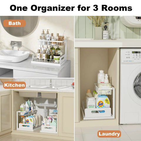 L Shaped Under Sink Organizer Featuring Smooth Operator Glides And Pipe Friendly Layout That Fits Snug In Tight Corners While Boosting Storage Capacity Straight Up with various cleaners in bath, kitchen, and laundry.
