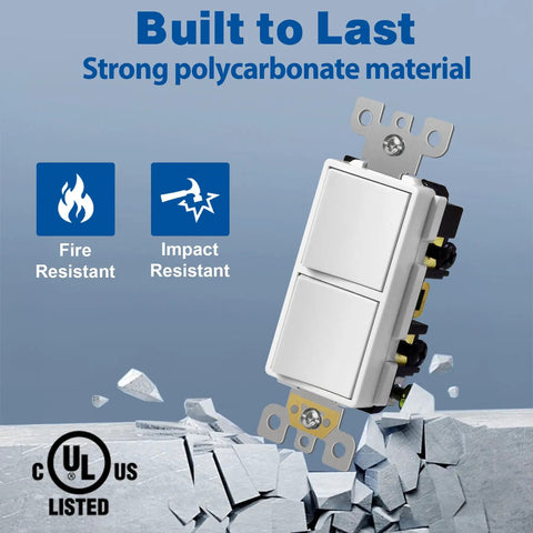 Image of Dual Rocker Decorator Light Switch In Wall Paddle Style Space Saving Dual Single Pole Control Self Grounding On Off Interrupter 15 Amp 120 Volt UL Listed White 1 Pack, showcasing its fire and impact resistance with cracked concrete background.