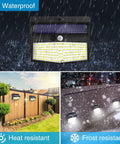 Outdoor Solar Motion Sensor Lights 138 LED 10 Pack waterproof wall lights in rain, garden setup, and snow condition shown.