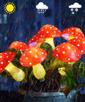 8 Pack Red Mushroom Solar Lights for Outdoor Garden Decor with 8 Lighting Modes, festive glow during rain in a garden setting.
