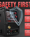 Front view of Six In One Welding Machine With Plasma Cutter, MIG Flux Core MIG Spool Gun Compatible, safety icons displayed
