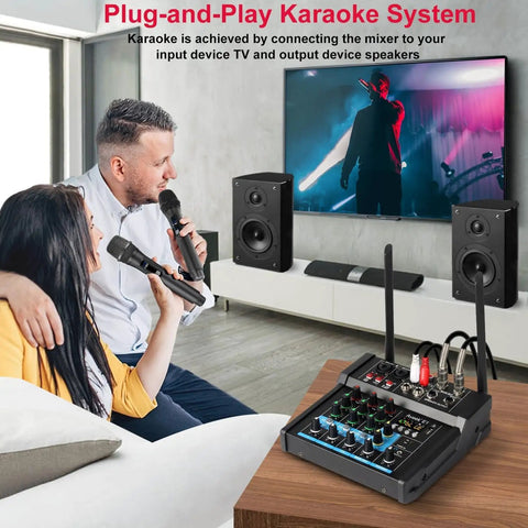 Couple using Beast 150W X2 Powered Audio Mixer with 4 Channel Soundboard and Dual Wireless Mics for karaoke at home