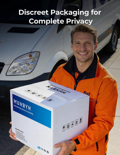 Delivery person holding a discrete package with shipping van in background, ensuring complete privacy.
