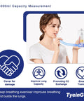 Person using High Capacity 5000ml Lung Breathing Exercise Device with Flow Rate Indicator for at-home breathwork.