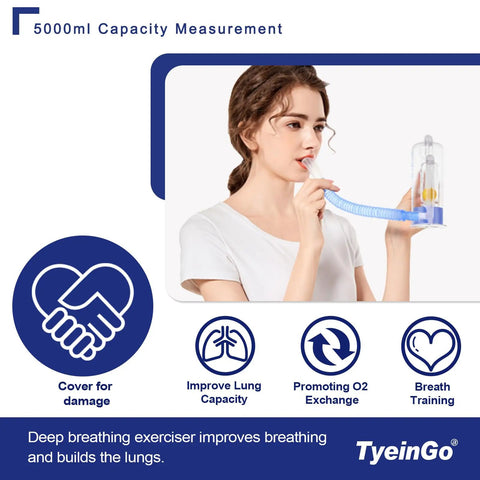 Person using High Capacity 5000ml Lung Breathing Exercise Device with Flow Rate Indicator for at-home breathwork.
