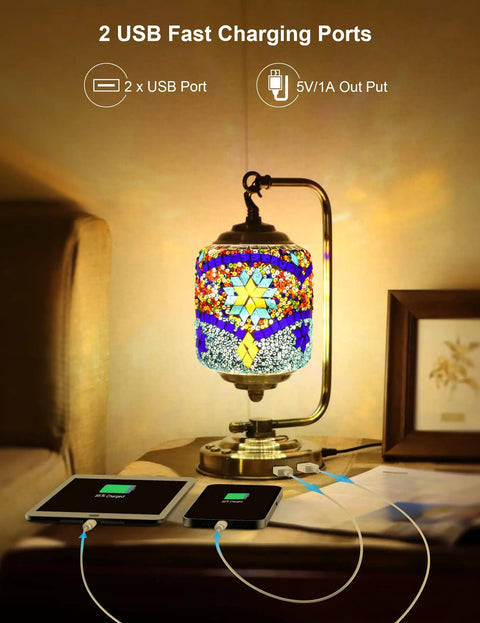 7 Color Mosaic Table Lamp With 360 Degree Rotating Color Changing Glass Handmade Antique Boho Bedside Lamp With 2 USB Ports