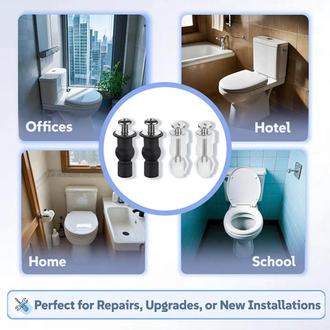 Stainless Steel Toilet Seat Screws Kit with Expanding Rubber and Plastic Nuts for universal toilet installations in offices, hotels, homes, and schools.