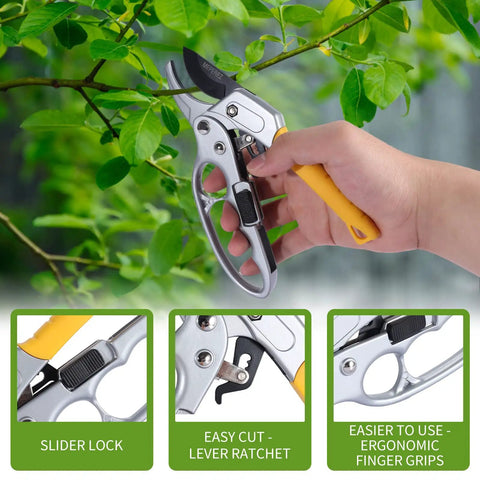 Using Premium German Pruning Shears Heavy Duty Garden Clippers for easy yard work on a leafy branch, highlighting lock and grip features.