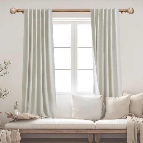 Heavy Duty Adjustable Wood Curtain Rods 1 Inch Diameter 48 to 86 Inches with Imitation Wood Grain Leaf Pattern Finials for Windows No Fuss Install Built to Last Durable and Easy to Set Up for Living Room or Bedroom above white curtains with beige decor