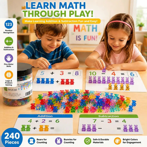 Totally Awesome Math Counting Bears And Bunnies Educational Counter Toy Set with 240 plastic figures for teaching addition and subtraction.