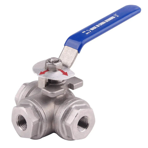 3-Way Ball Valve With L Mounting Pad Stainless Steel 304 Female 1/4 Inch NPT Ports For Water Oil And Gas Vinyl Locking Handle