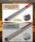 Front view: Amazon fret end file set, two guitar files: high-carbon steel double-sided with red handle; diamond file