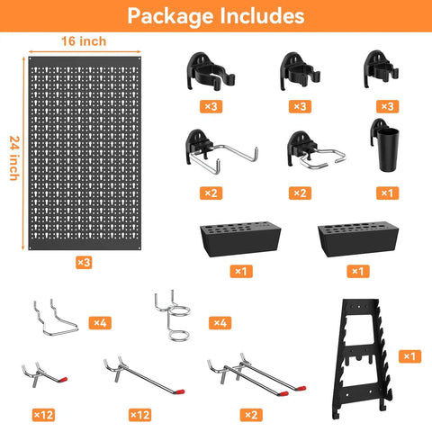 Heavy Duty Metal Pegboard Wall Organizer For Garage And Shop Gear Up Your Workspace with 24x48 inch set and hooks shown.