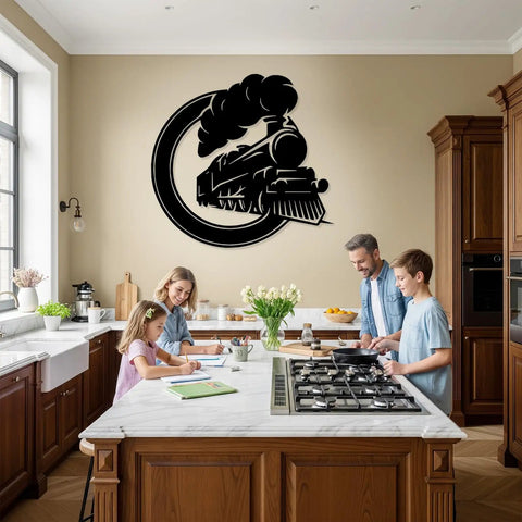 Steam Locomotive Metal Sign Wall Art Solid Iron Silhouette displayed in a modern kitchen, highlighting industrial railroad decor.