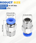 Two Pack Push To Connect Fittings One Eighth Inch NPT Male 0.16 Inch Tube OD Nickel Plated Brass Straight Pneumatic Adapters