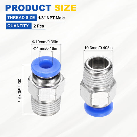 Two Pack Push To Connect Fittings One Eighth Inch NPT Male 0.16 Inch Tube OD Nickel Plated Brass Straight Pneumatic Adapters