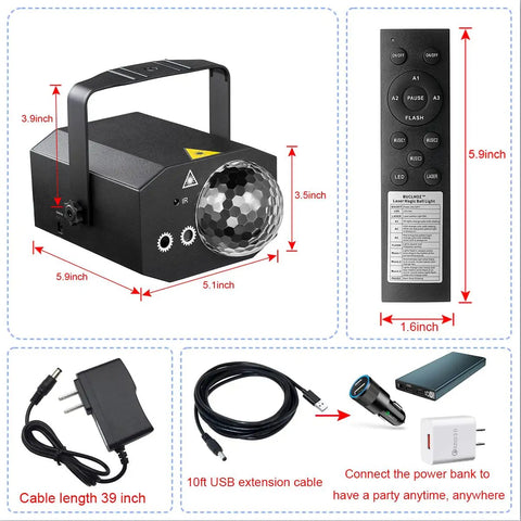 Disco Ball Party Lights With RGB Strobe And Pattern Projection, sound activated LED stage lighting with remote and accessories