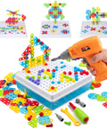 Child holding Electric Toy Drill With 193 Plus Pieces For Creative Build Projects For Kids Ages Three To Eight Includes Screws Nuts And Rainbow Fasteners Plus 34 Plus Build Ideas To Boost STEM Skills And Hand Eye Coordination, building model with colorful pieces.