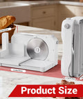 Foldable Electric Meat Slicer For Home With 6.7 Inches Removable Stainless Steel Blade And Tray, compact size showcased on countertop.