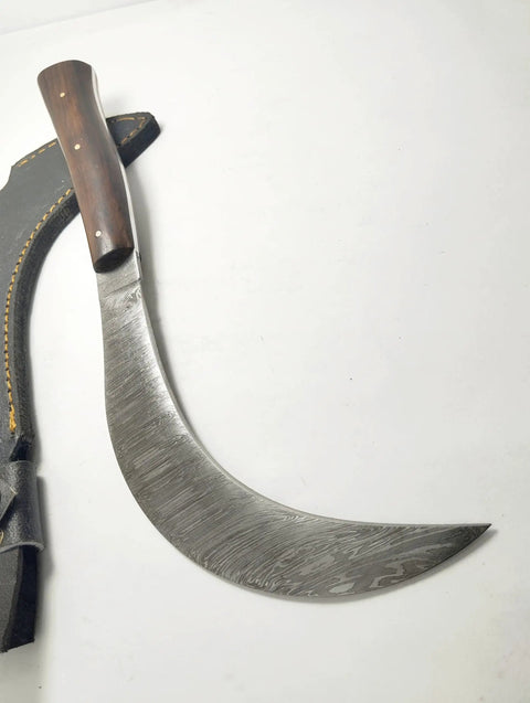 Hand Crafted Damascus Steel Sickle Knife With Full Tang And Stabilized Rosewood Handle on white background
