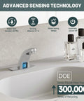 Hands Free No Touch Bathroom Sink Faucet With Motion Sensor And Temperature Control Automatic Sensor Vanity Faucet With Control Box Modern Chrome Finish Battery Or 110V Power Option Includes Hole Cover Plate installed on white countertop with advanced sensing technology icons