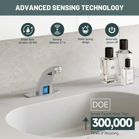 Hands Free No Touch Bathroom Sink Faucet With Motion Sensor And Temperature Control Automatic Sensor Vanity Faucet With Control Box Modern Chrome Finish Battery Or 110V Power Option Includes Hole Cover Plate installed on white countertop with advanced sensing technology icons