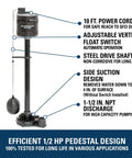 Half HP Thermoplastic Pedestal Sump Pump with adjustable float switch, black, 10 ft power cord, noncorrosive shaft and impeller.
