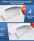 No Fuss Non Electric Elongated Bidet Toilet Seat With Dual Wash Arms and Adjustable Water Pressure showing rear and feminine wash nozzles.