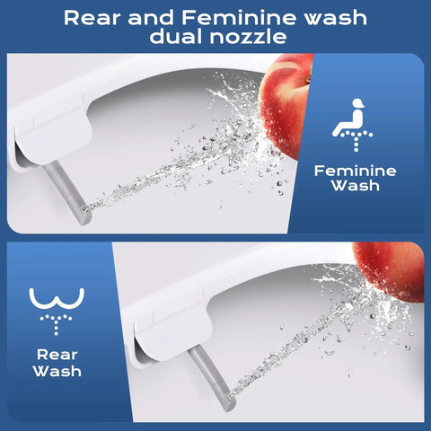 No Fuss Non Electric Elongated Bidet Toilet Seat With Dual Wash Arms and Adjustable Water Pressure showing rear and feminine wash nozzles.