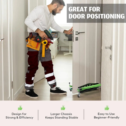 Man using One Piece Patented Door Installation Tool Kit With Aluminum Alloy Dolly Lifter and Wheel Legs for 2.5 inch doors
