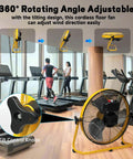 16 Inch High Velocity Cordless Floor Fan With 20V Max Battery Compatibility in gym, adjustable angle feature displayed.