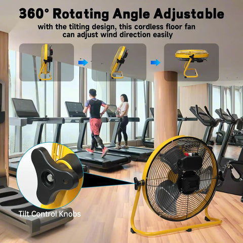 16 Inch High Velocity Cordless Floor Fan With 20V Max Battery Compatibility in gym, adjustable angle feature displayed.