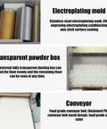 Heavy Duty Electric Dumpling Skin Maker Automatic Wonton Wrapper Machine showing stainless steel mold, transparent powder box, food grade conveyor.