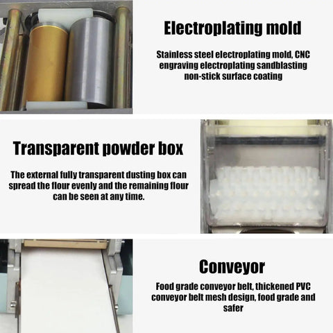 Heavy Duty Electric Dumpling Skin Maker Automatic Wonton Wrapper Machine showing stainless steel mold, transparent powder box, food grade conveyor.
