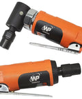 Pneumatic Air Die Grinder Set With Straight And Angled Heads 20K To 25K Rpm Free Spin Garage Workhorse For Knocking Out Rust And Weld Prep Handles Tight Spaces Like A Champ Includes 1 4 And 1 8 Collets, showing two grinders with orange bodies.