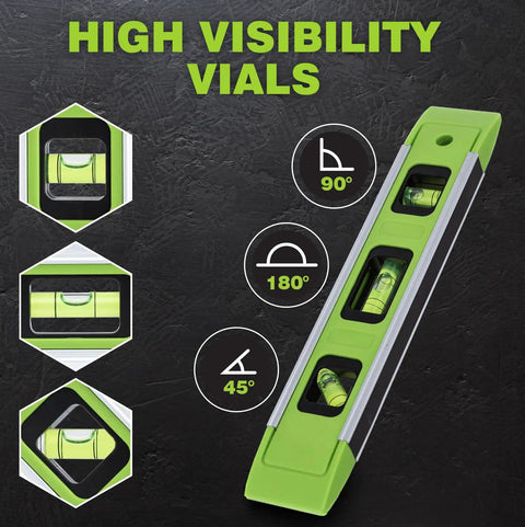 Compact 9 Inch Magnetic Torpedo Level Featuring Rock Solid Grip And Three High Visibility Spirit Vials For Dead On Precision At 45 90 And 180 Degree Angles Built For Hustle