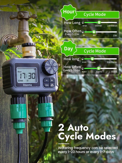Two Zone Hose Timer With Dual Outlet Sprinkler Control Brass Inlet Rain Delay Manual And Auto Modes on outdoor faucet