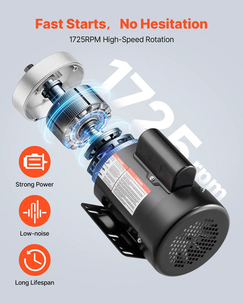 0.5 HP 1725 RPM Air Compressor Motor Single Phase 115V 230V 56 Frame With 5/8 Inch Shaft And CW CCW Rotation TEFC Cooling showing motor parts and design.
