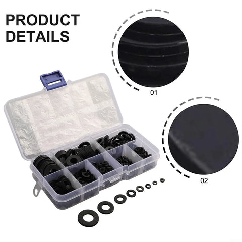 Durable Nylon Washers Assortment Kit 500 Pcs Flat Insulated Corrosion Free M2 To M10 For Industrial Auto And Electrical Repairs Premium Nylon Hardware Set To Keep Screws And Bolts Organized And Protected, open storage box with black nylon washers