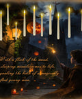 Floating Battery Operated Taper Candles Pack, 6.5-Inch LED Flickering Flameless Tapers, 12-Pack in a magical Halloween scene