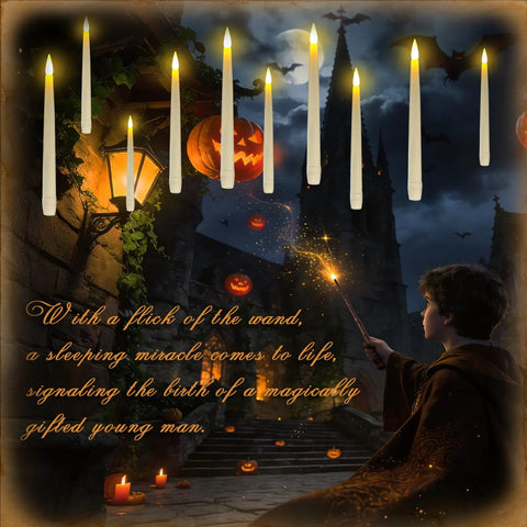 Floating Battery Operated Taper Candles Pack, 6.5-Inch LED Flickering Flameless Tapers, 12-Pack in a magical Halloween scene