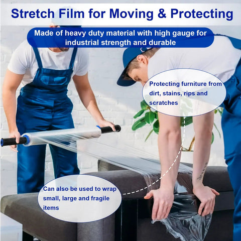 Two people using Heavy Duty Stretch Wrap For Pallets And Moving, Clear Industrial Strength Plastic Wrap Roll 15 Inch By 1000 Feet, 60 Gauge, With Handles, Durable Shrink Film For Secure Load, 4 Pack on furniture.
