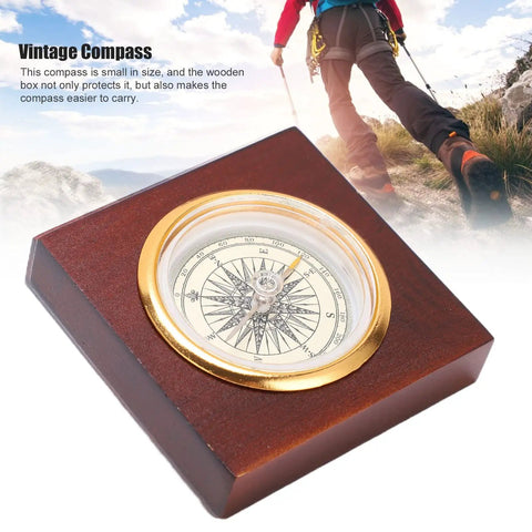 Vintage Compass With Wooden Box For Camping Hiking Fishing And Mountaineering Aluminum Alloy Construction close-up view